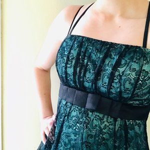 Turquoise Satin and Black Lace Empire Waist Dress